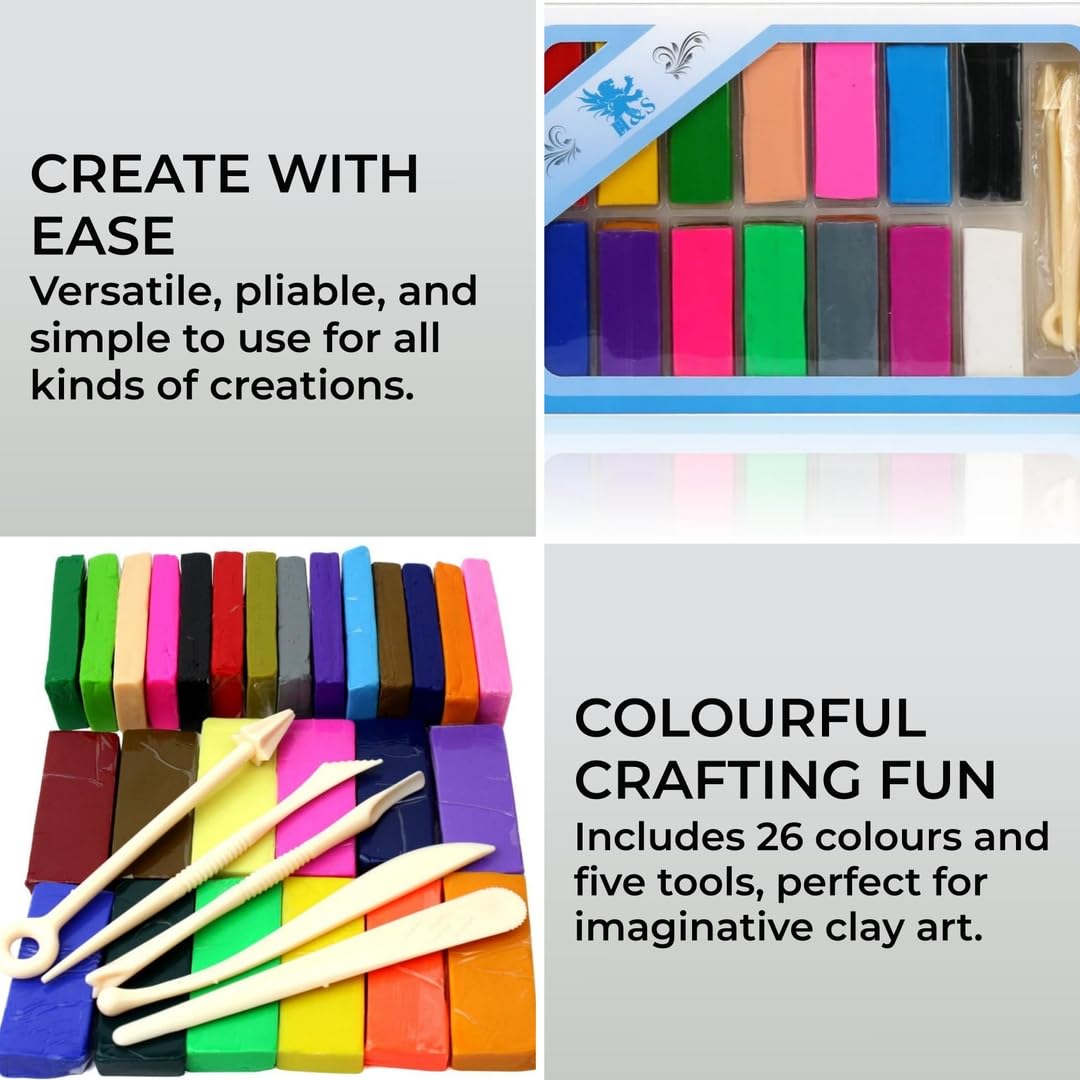 H&S Polymer Clay Modeling Kit – 26 Colors, 5 Sculpting Tools – Oven Bake Molding Set for Kids & Adults H&S