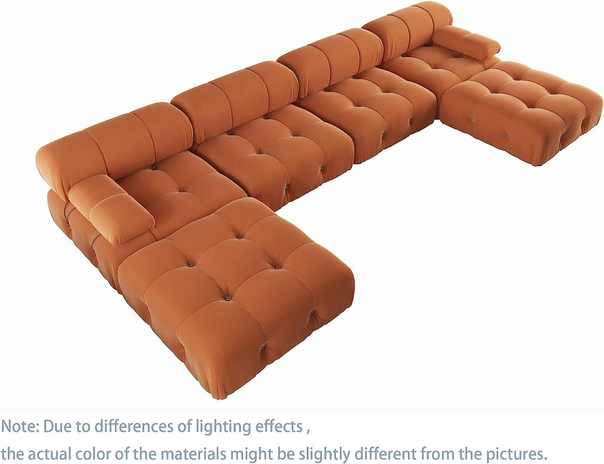 JACH U-Shaped Modular Sectional Couch, 138"" Minimalist Velvet Sofas, Convertible Couches, Mid-Century Modern Sectional Sofa with Chaise Ottomans for Living Room Apartment (Orange), 105OR-U-U JACH