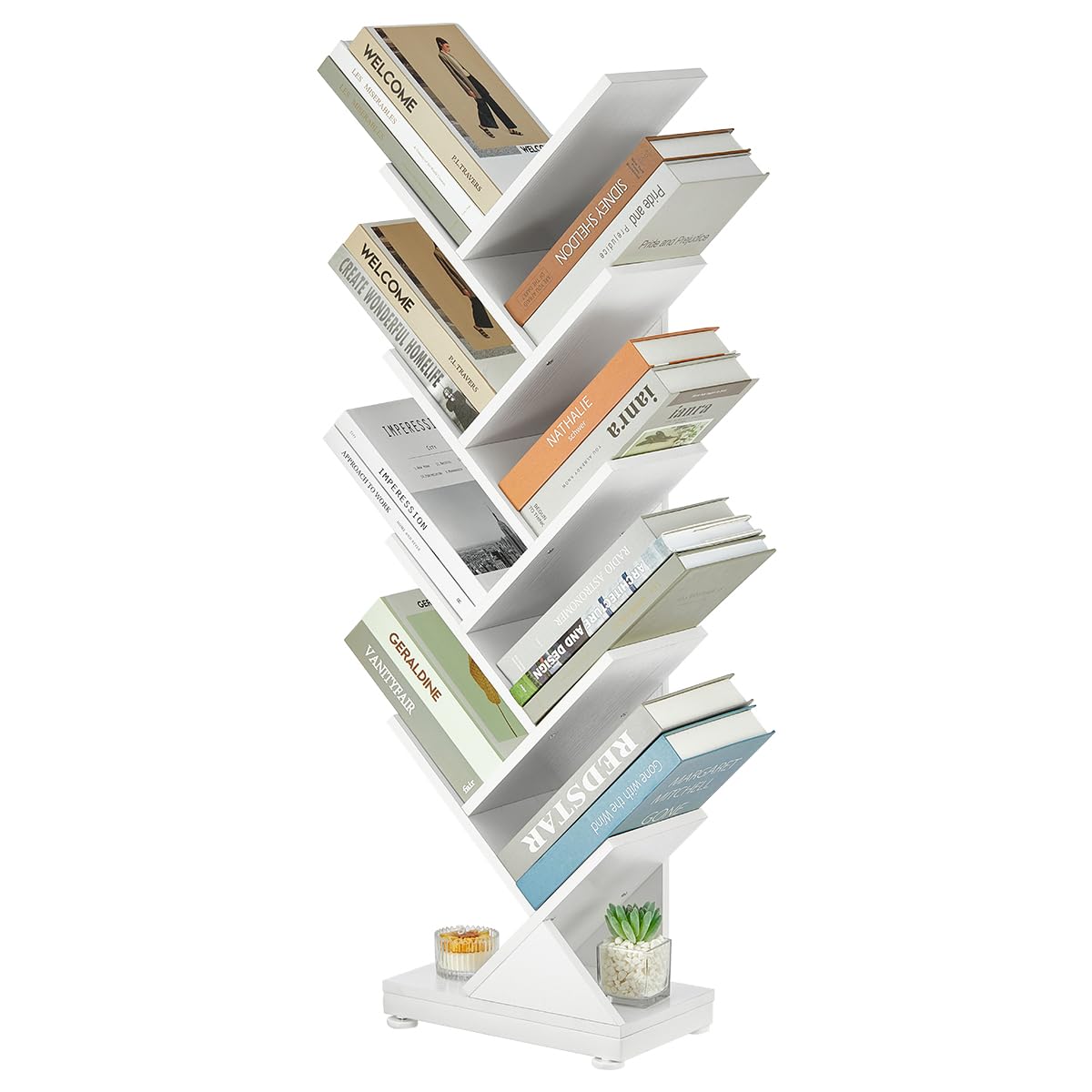 ruboka Tree Bookshelf,Retro Floor Standing Bookcase Display for CDs/Magazine/Books,Small Bookshelf for Bedroom,Living Room,Office,Balcony,Brown Storage Shelves (White, 9 Tier) ruboka