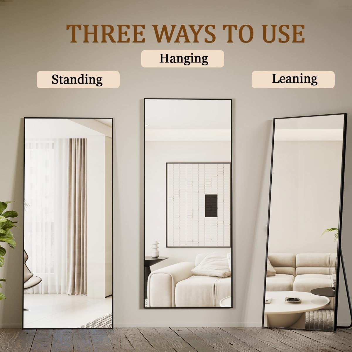 Koonmi Large Mirrors for Wall, 65"x24" Full Length Mirror with Stand, Full Body Mirror with Aluminum Alloy Frame, Hanging or Leaning Against Wall, Floor Standing Mirror for Bedroom Living Room, Black Koonmi