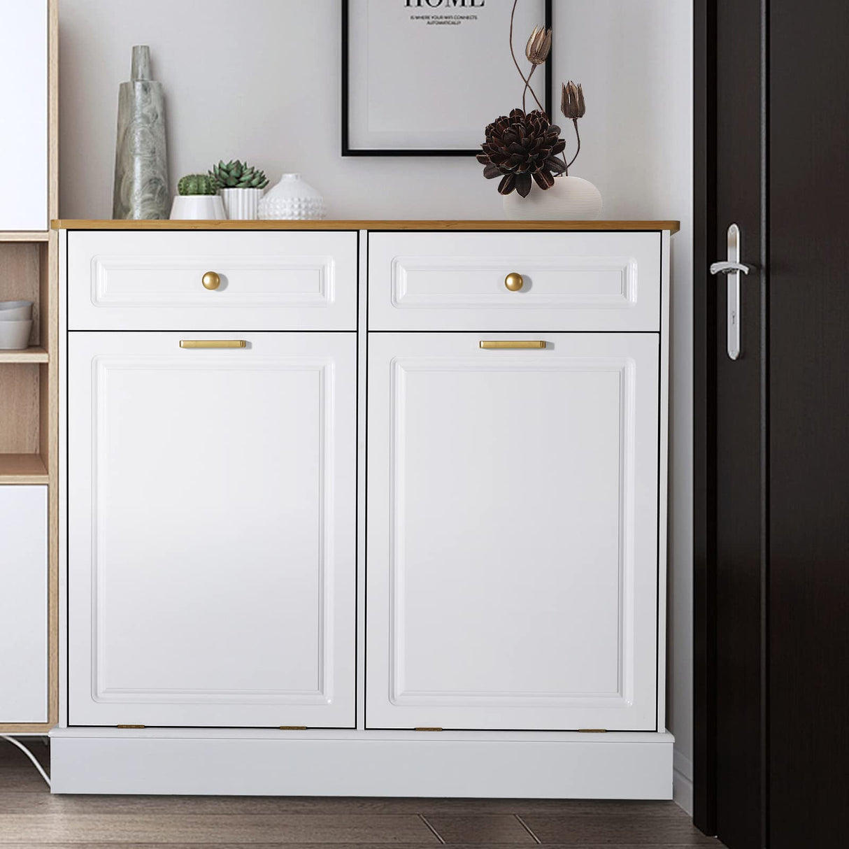 UEV Double Kitchen Trash Cabinets,Two Tilt Out Trash Cabinets with Solid Hideaway Drawers,Free Standing Wooden Kitchen Trash Can Recycling Cabinet Trash Can Holder (White) UEV