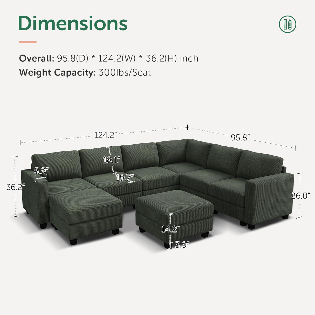 HONBAY Corduroy Sectional Couch with Storage U Shaped Sectional Sofa Modular Sectional Couches for Living Room, Green HONBAY