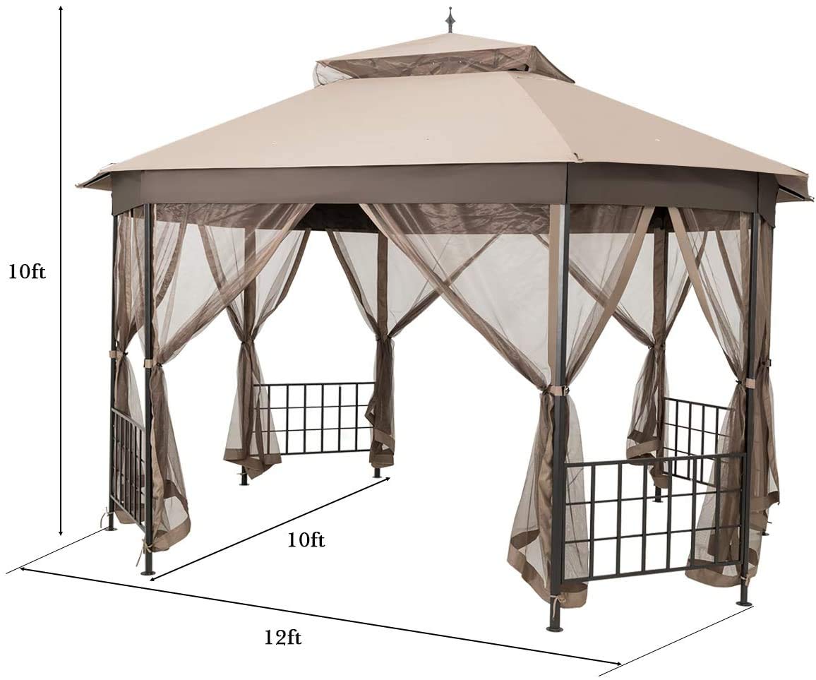 Moccha 10 x 12 Ft Heavy Duty Octagonal Canopy Tent Patio Gazebo with Netting Sidewalls and Sturdy Steel Frame, Double Roof Vented Gazebo Canopy Shelter for Party, BBQ, Backyard, Event, Family, Brown LDAILY