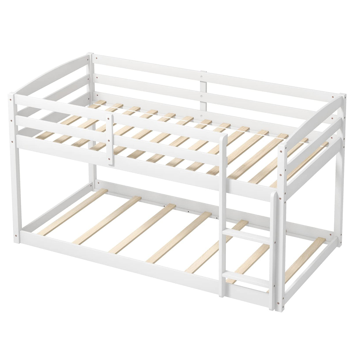 Giantex Twin Low Bunk Bed Frame - Solid Wood Twin Over Twin with Full Guardrails & Integrated Ladder, Space-Saving Design, White Giantex