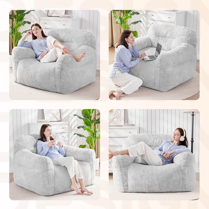 Spacocld Giant Bean Bag Chair for Adults - Large Bean Bag Couch with Armrests, Bean Bag Sofa Stuffed High-Density Foam, Plush Lazy Sofa Comfy Chair, BeanBag Couch for Bedroom, Living Room (Light Grey) Spacocld