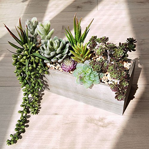 Supla Artificial Potted Succulents Plants Arrangement Fake Succulent Plants in Rectangular Wooden Pot Arrangement for Table Centerpiece Windowsill Greenery Decor Supla