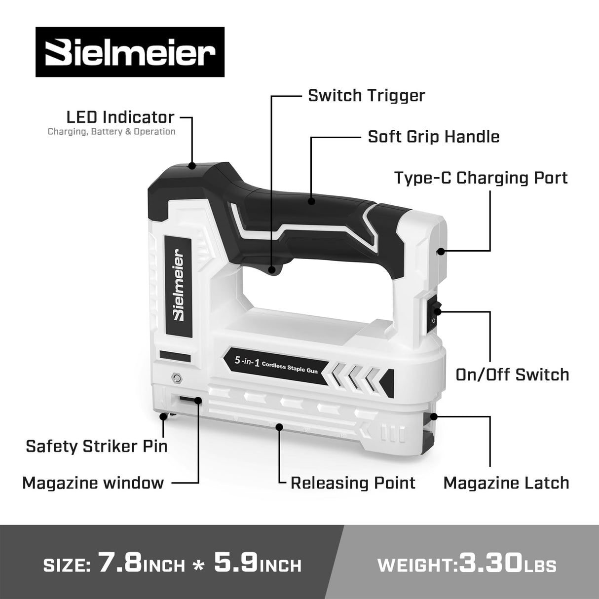 Bielmeier Electric Staple Gun 5 in 1 Band Nailer, 4V Rechargeable Cordless Stapler, Nail Gun Battery Powered with 2,000 Staples and Nails, Power Tacker Pin Nailer for Home Use, Wood, Upholstery, DIY BIELMEIER