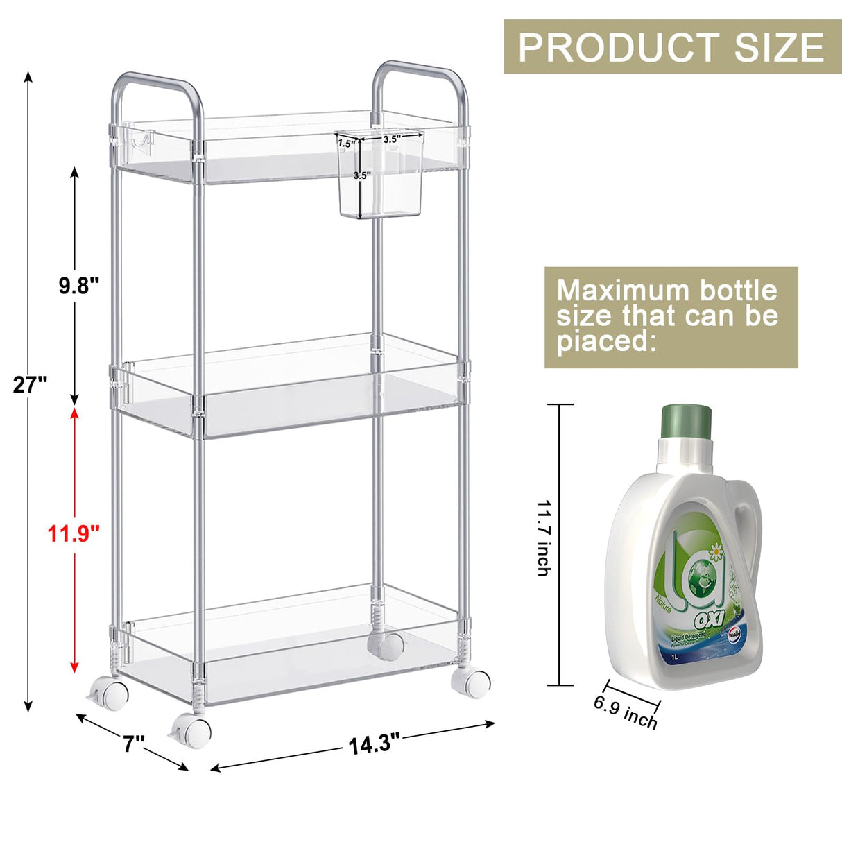 SPACEKEEPER 3 Tier Acrylic Storage Rolling Cart Clear Bathroom Cart Organizer, Transparency Laundry Room Organization Mobile Shelving Unit Multifunction Rolling Utility Cart for Office Living Room SPACEKEEPER