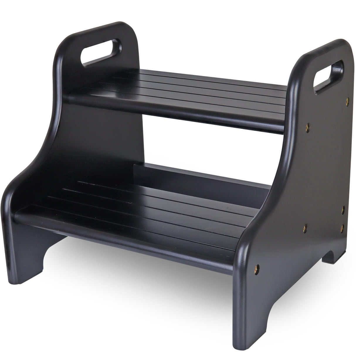 Acacia 2-Step Stool for Kid, Toddler Wood Step Ladder with 2 Handles, Safe Non-Slip Bottom, Rounded Corners, Supports up to 300 lbs, Perfect for Bathroom Bedroom (Black) Demigo