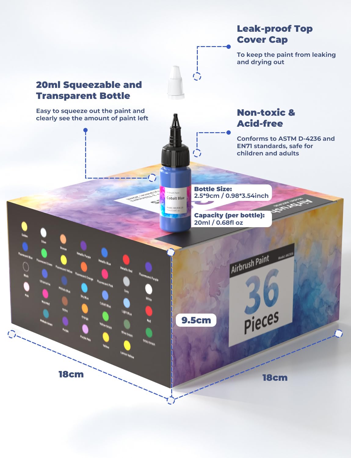 Oasser Airbrush Paint 33 Colors with 3 Thinner, Water-Based Acrylic Air Brush Paint Set, Ready to Spray for Beginners, Hobbyist and Artists, 20 ml/Bottle Oasser