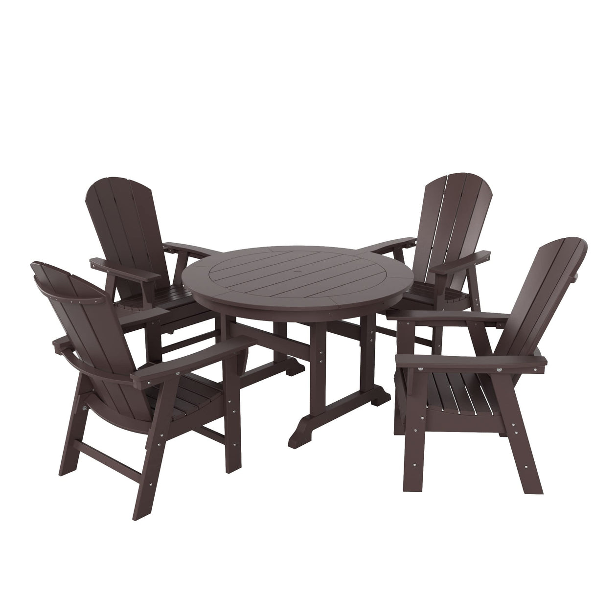 WestinTrends Malibu 5 Piece Adirondack Patio Dining Set, All Weather Poly Lumber Outdoor Table and Chairs Furniture Set, 47" Trestle Round Dining Table and 4 Adirondack Dining Chair, Dark Brown WestinTrends
