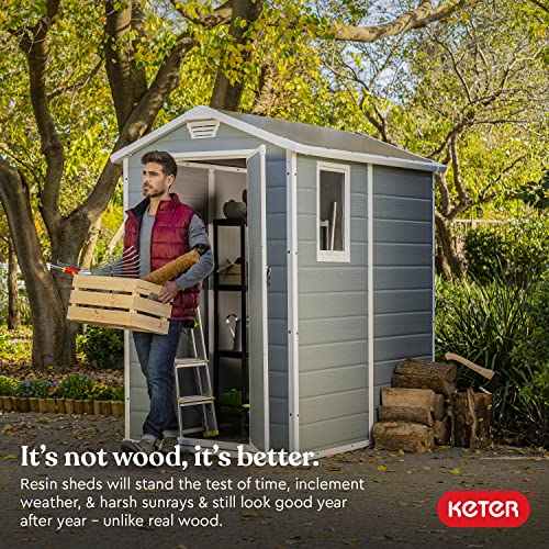 Keter Manor 4x6 Resin Outdoor Storage Shed Kit-Perfect to Store Patio Furniture, Garden Tools Bike Accessories, Beach Chairs and Lawn Mower, Grey & White KETER
