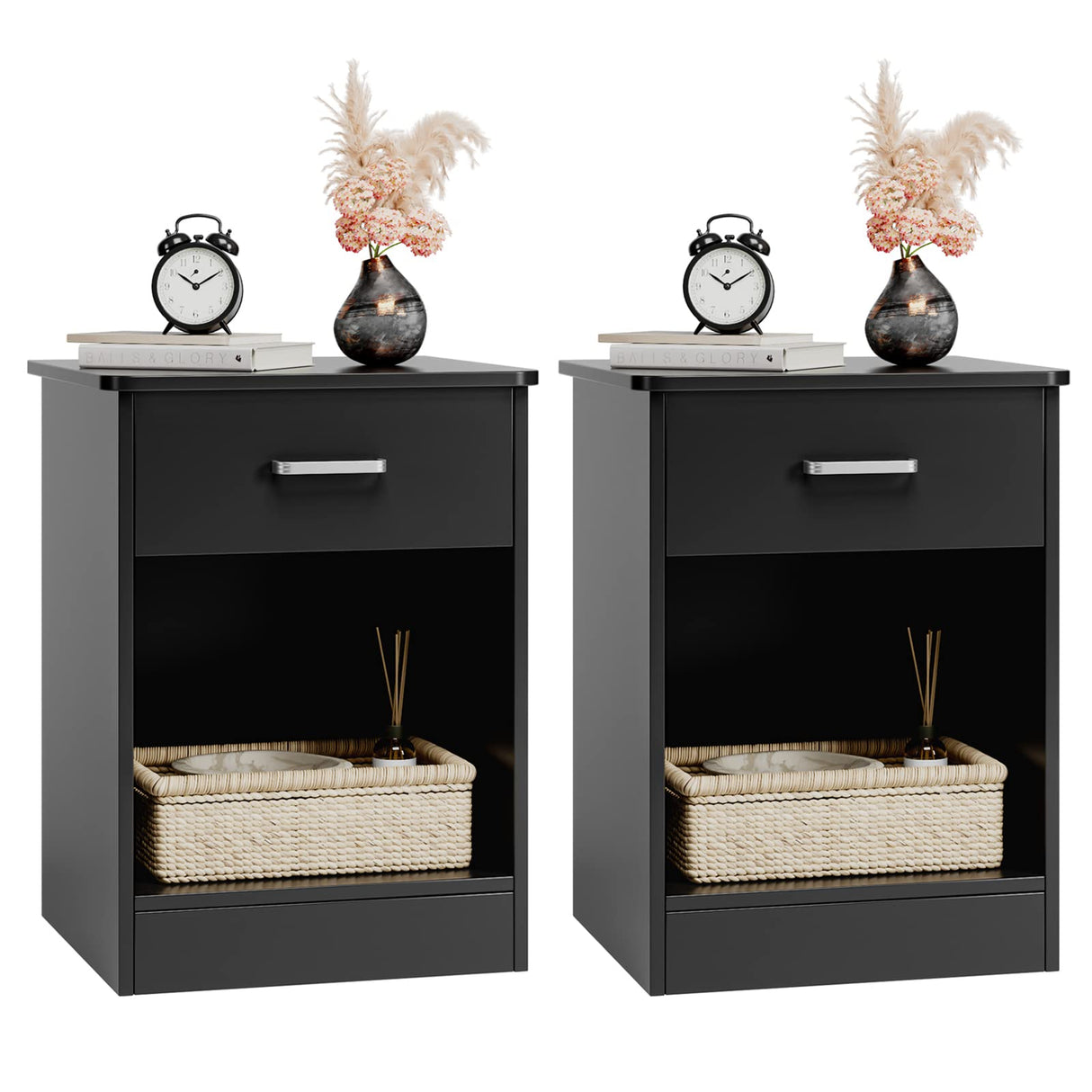 FOTOSOK Nightstand, Set of 2, 2-Tier Side Table with Drawer and Storage Shelf, Bedside Table End Table, Modern Night Stand for Bedroom, Home Office,Black FOTOSOK