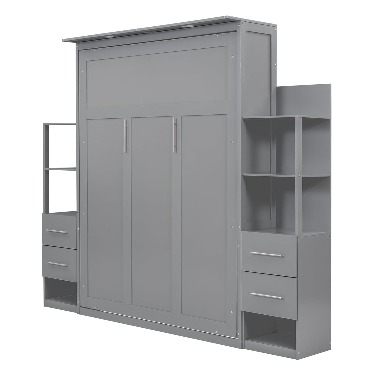 Merax Queen Size Murphy Bed, Wooden Queen Wall Bed with LED, Shelves and Drawers, for Small Room or Home Office, Gray Merax