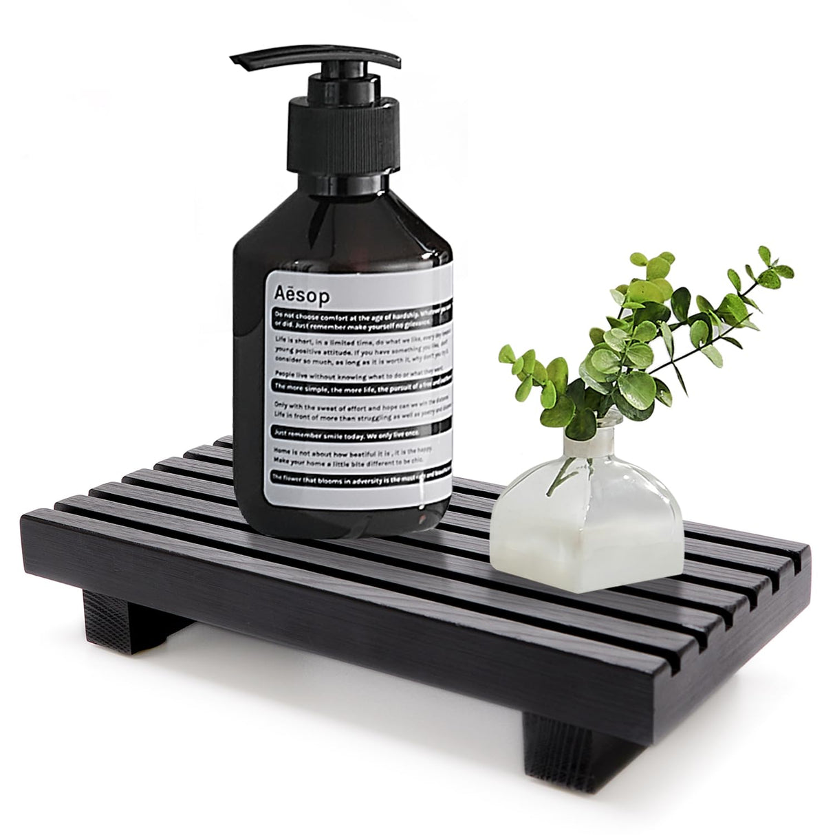 Small Black Bathroom Decor Tray for Counter Dish Soap Holder Wooden Pedestal Stand for Kitchen Sink Soap Dispenser Wood Risers Kitchen Accessories Countertop Vanity Counter Sponge Sink Tray Renawe