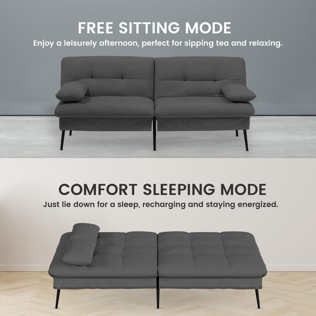 COMHOMA Convertible Futon Sofa Bed, 68″Fabric Futon Couch with Adjustable Backrest, Folding Futon Sleeper Recliner for Living Room Furniture (Black) COMHOMA