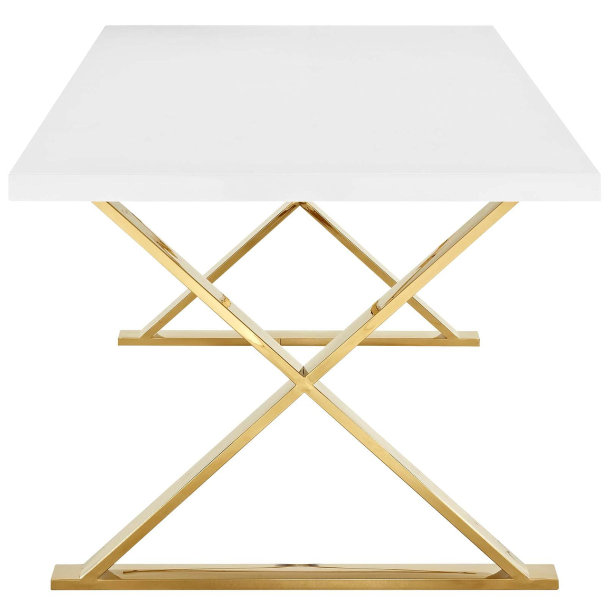 Modway Sector 87" Modern Dining Table with Gold Stainless Steel Metal X-Base in White Gold Modway