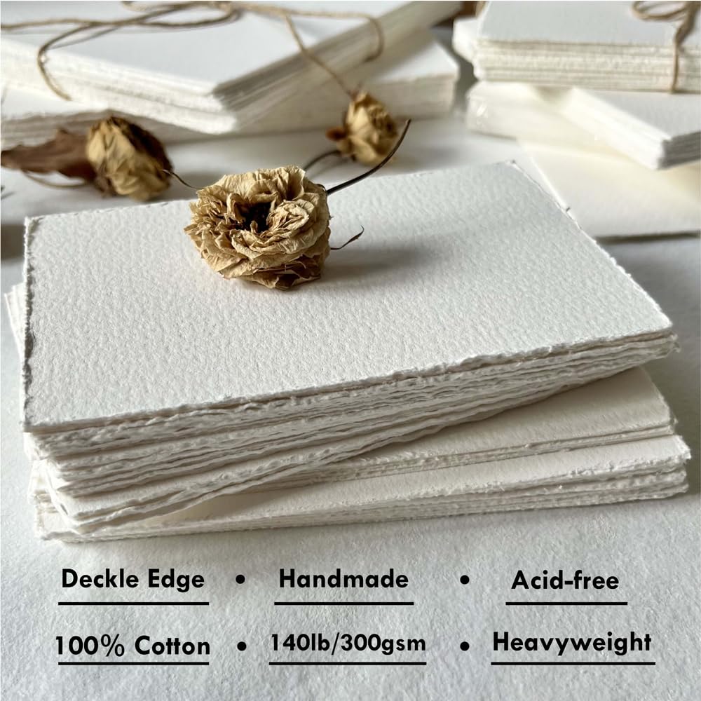 Deckle Edge Watercolor Paper, 100% Cotton, 140 LB, 300 GSM, 4x6”, 30 Sheets Mixed Media Paper for Dry & Wet Technique, Acid Free, tumuarta Blank Cards is Perfect for Greeting Cards & Thank You Notes tumuarta