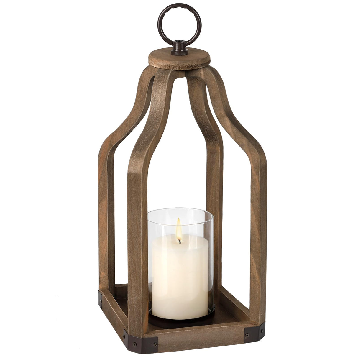 Rustic Wood Lantern Candle Holder for Farmhouse Decor - Indoor and Outdoor Table Centerpiece with Glass Hurricane, 15.7" High SUJUN