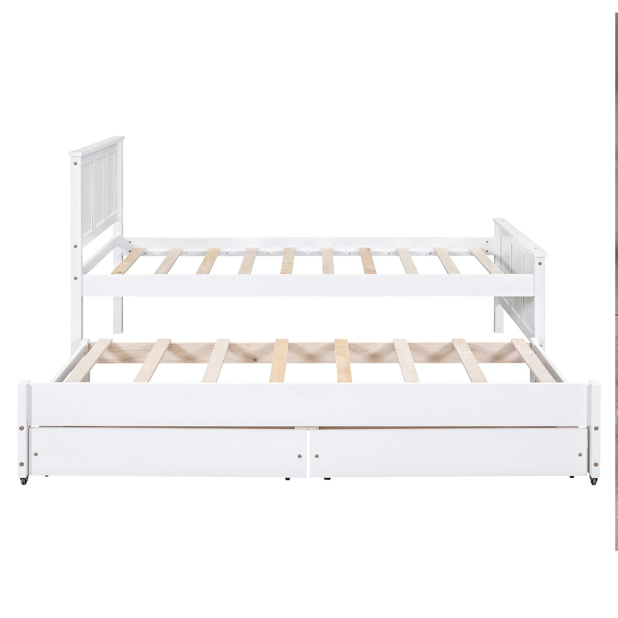 Merax Classic Solid Wooden Bed Farme with Trundle Bed and Drawers Storage Sofa Bed for Living Room Bedroom Guest Room Space Saving,White Merax