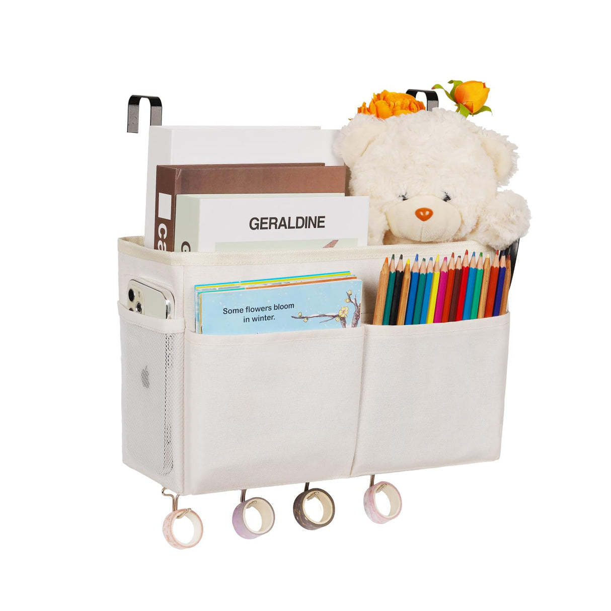 Frjjthchy Bedside Storage Organizer 5 Pockets with 4 Hooks Hanging Storage Bag for Headboards/Bunk Bed (White) Frjjthchy