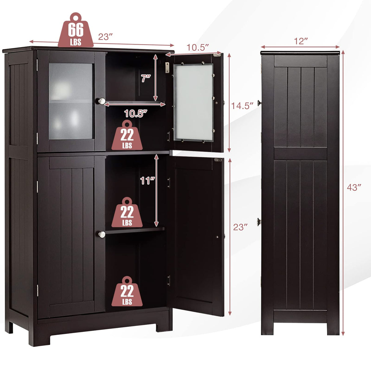 Tangkula Brown Freestanding Bathroom Floor Cabinet with Glass Doors and Adjustable Shelf Tangkula