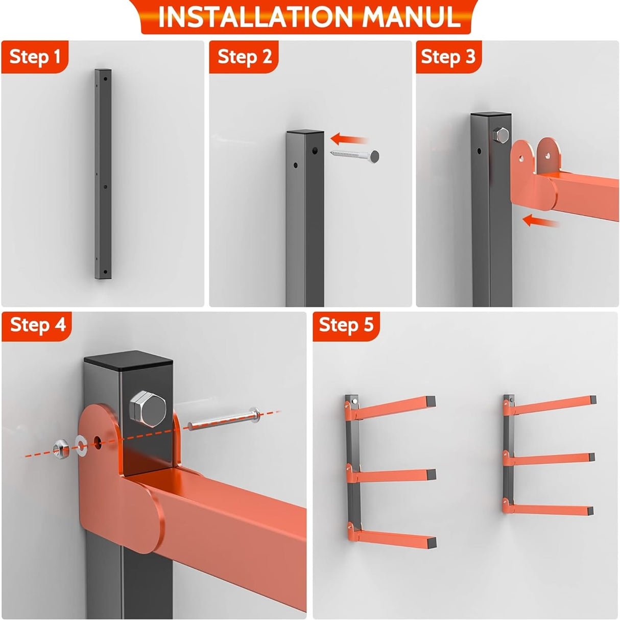 Ultrahaus 3 Pack Metal Lumber Storage Rack, Heavy Duty Steel, Wall Mounted, 3 Level Wood Storage System Ultrahaus
