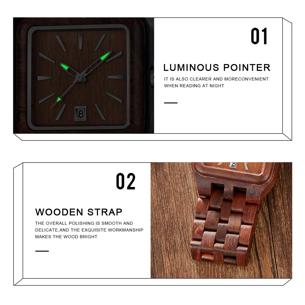 Dentily Wood Watch Men's Rectangle Dial Wooden Watches Quartz Movement Mens Watches… Dentily