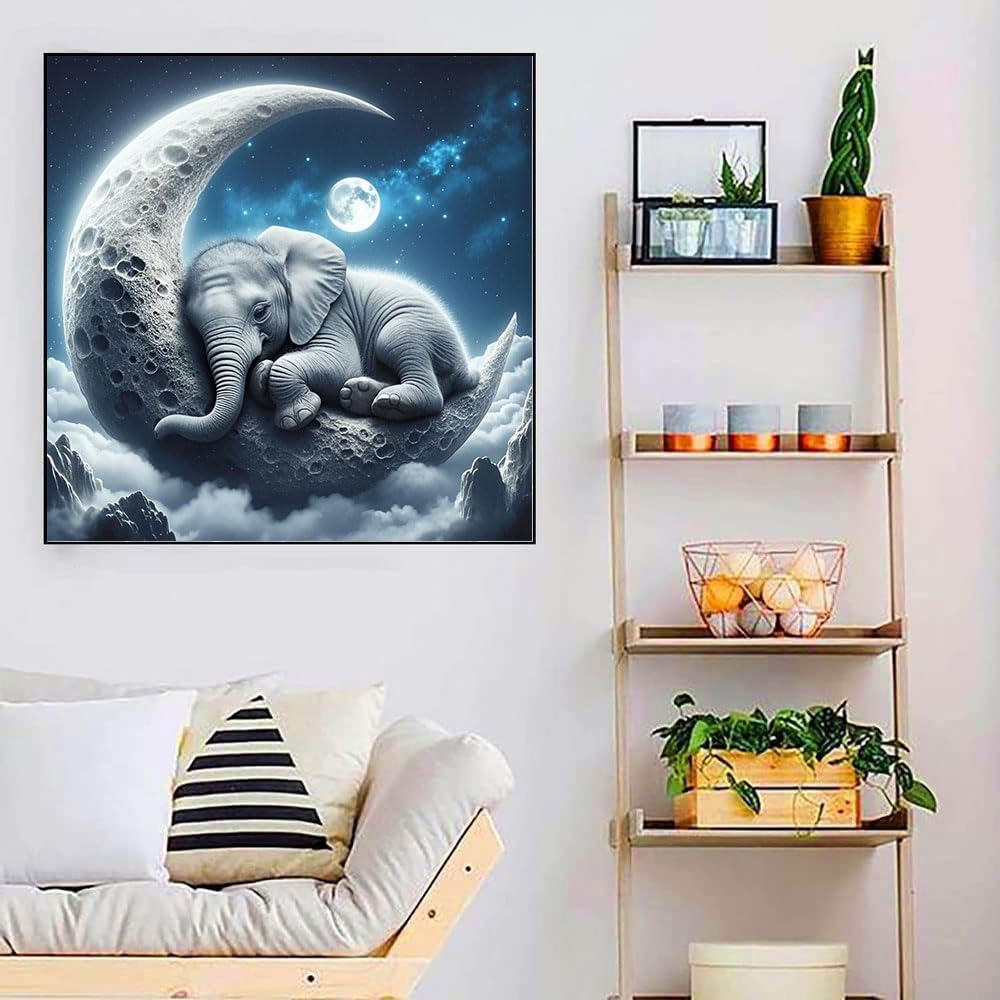 WUSARPLY Elephant Diamond Paintings Kits for Adults, Moon Home Diamond Art Kits Full Drill Diamond Dots Paint with Diamonds Gem Arts and Crafts for Beginner Adults Home Wall Decor WUSARPLY