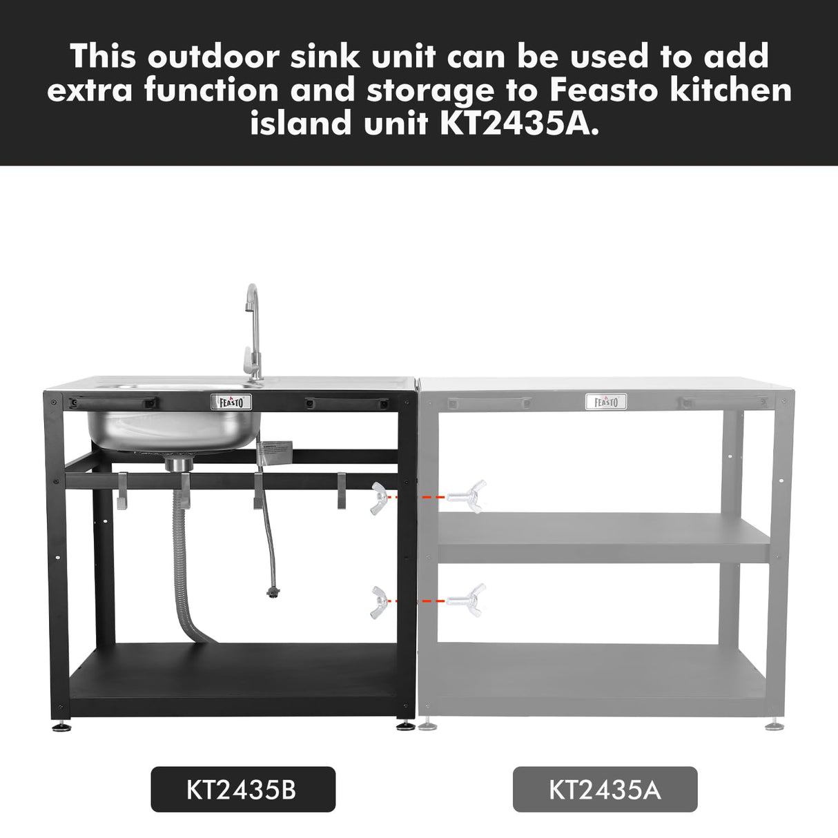 Feasto 35” Outdoor Grill Cart with Sink, Outdoor Kitchen Sink Station with Hose Hook Up, Free Standing Sink with Wheels, 304 Stainless Steel Sink with Single Bowl, Outdoor Utility Sink with Faucet Feasto