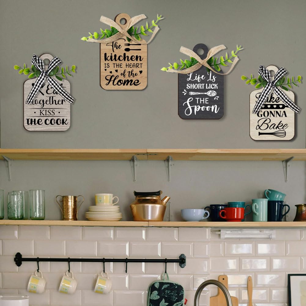 PH PandaHall 4pcs Kitchen Wooden Hanging Signs, Wall Decor Wood Sign Kitchen Wall Decor Hanging Plaques Farmhouse Eat Sign Wood Bar Sign for Home Kitchen Dining Living Room Bar Cafe Art Decor PH PandaHall