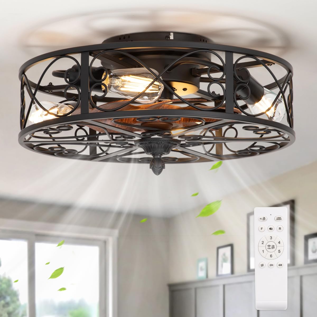 SHLUCE Caged Flush Mount Ceiling Fan with Lights, Farmhouse Rustic Bladeless Ceiling Fans with Lights and Remote, Low Profile Small Enclosed Ceiling Fan with Light for Bedroom, Kitchen, Black SHLUCE