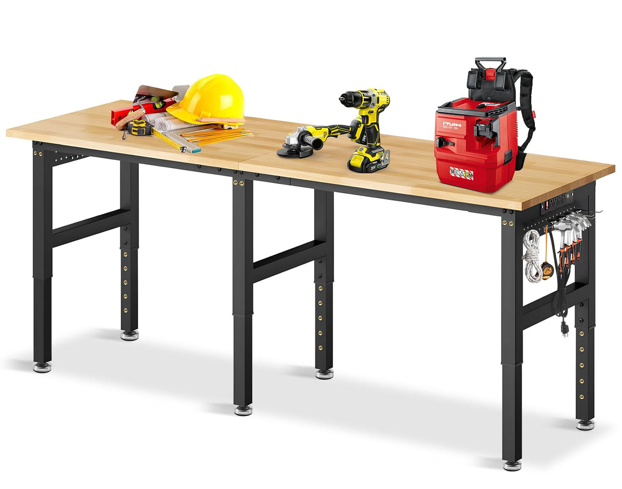 84” Adjustable Height Workbench, 5000 LBS Heavy Duty Table Rubber Wood Workstation with Power Outlet & Pegboard for Garage, Office, Workshop, Home,Commercial Generic