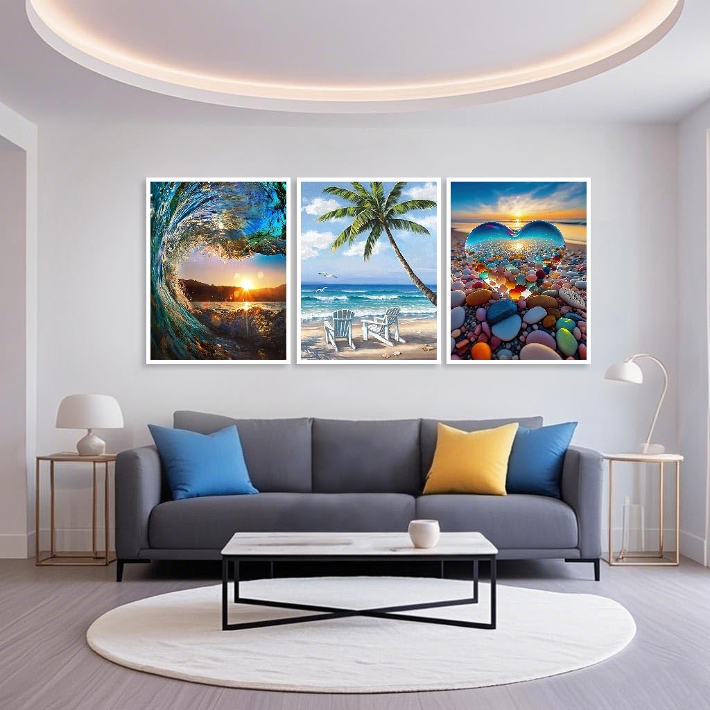 Mowana Diamond Art Kits for Adults - Beach Diamond Painting Kits for Beginners, Sea Stone Love Heart Stone 5D DIY Full Drill Rhinestone Gem Art Painting for Home Wall Decor and Gifts 6 Pack 12x16inch Mowana