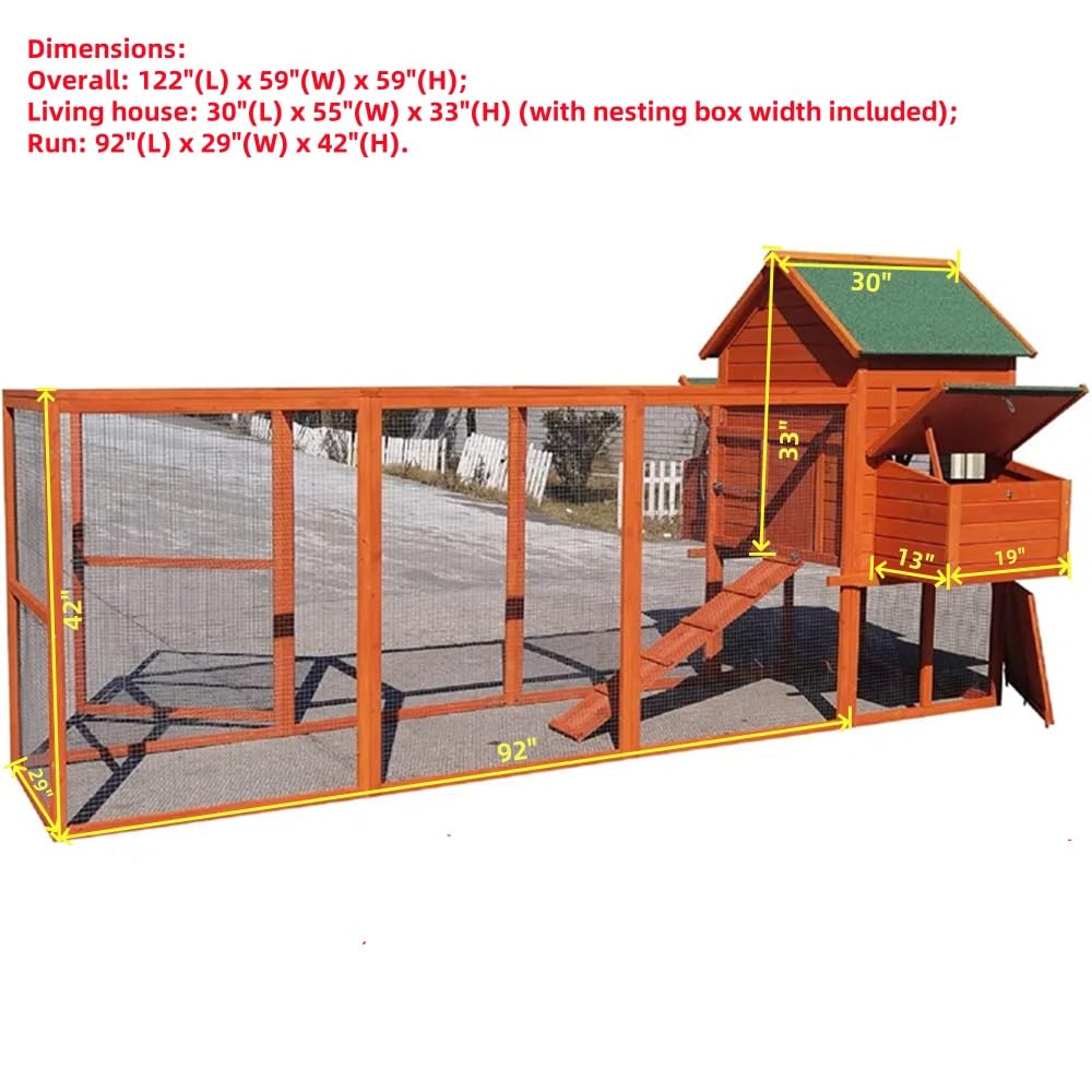 Omitree 122" Deluxe Large Wood Chicken Coop Backyard Hen House with 4 Nesting Box Outdoor Run Omitree