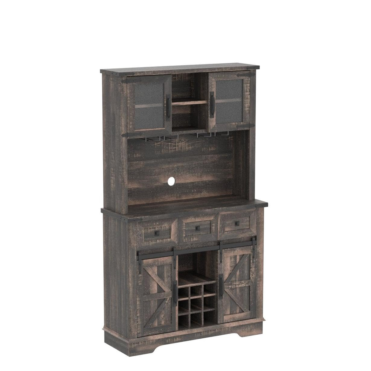 OKD 72" Farmhosue Bar Cabinet with Sliding Barn Door, Large Kitchen Buffet with Hutch w/Wine & Glasses Rack, 3 Drawers, 12 Storage Shelves, Rustic Coffee Bar Sideboard Table, Dark Rustic Oak OKD