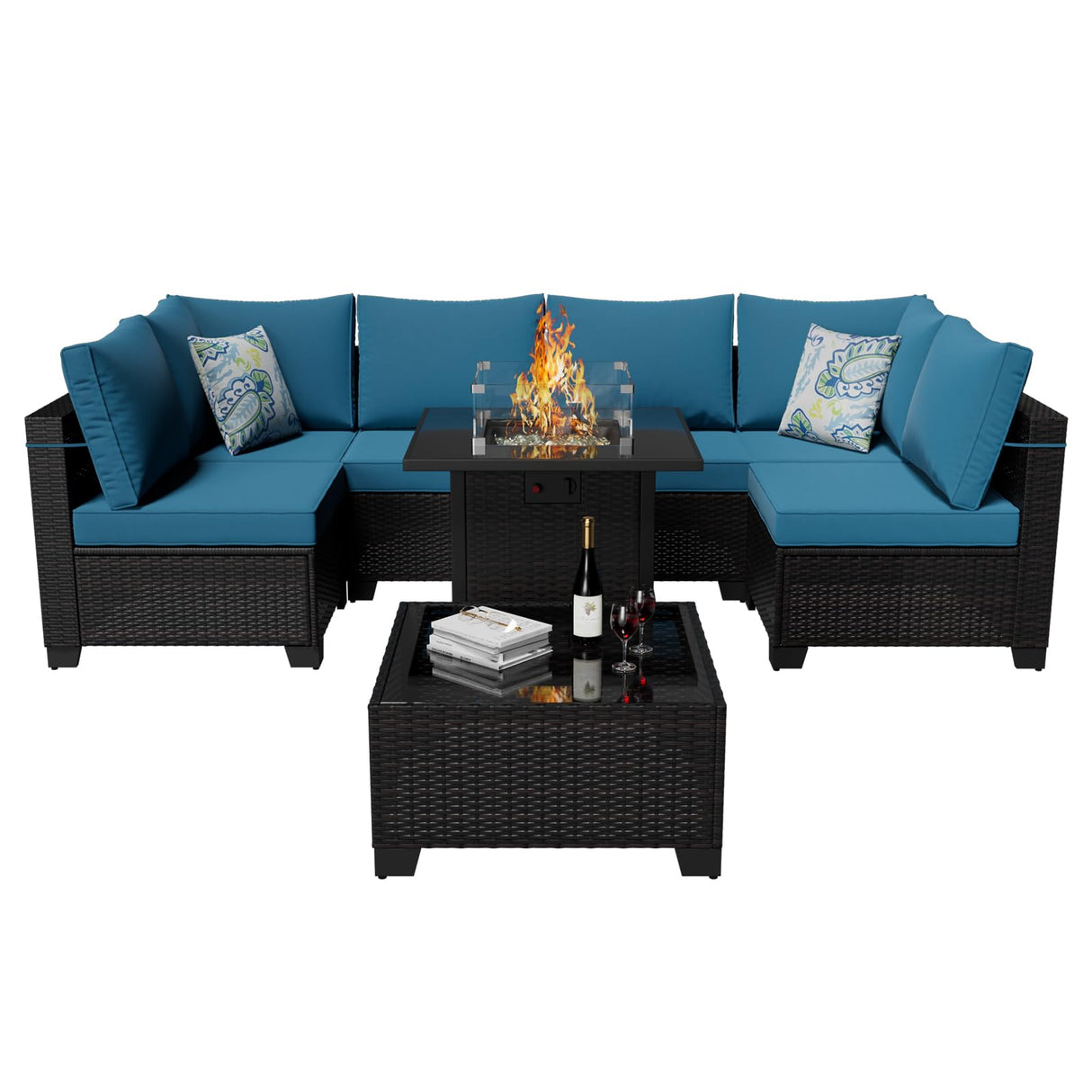 Peacabo 8 Piece Outdoor Patio Furniture Set with Fire Pit Table, Wicker Sectional Sofa Set with Thick Cushions, Perfect for Garden Lawn Pool or Backyard, (Brown/Peacock Blue) Peacabo