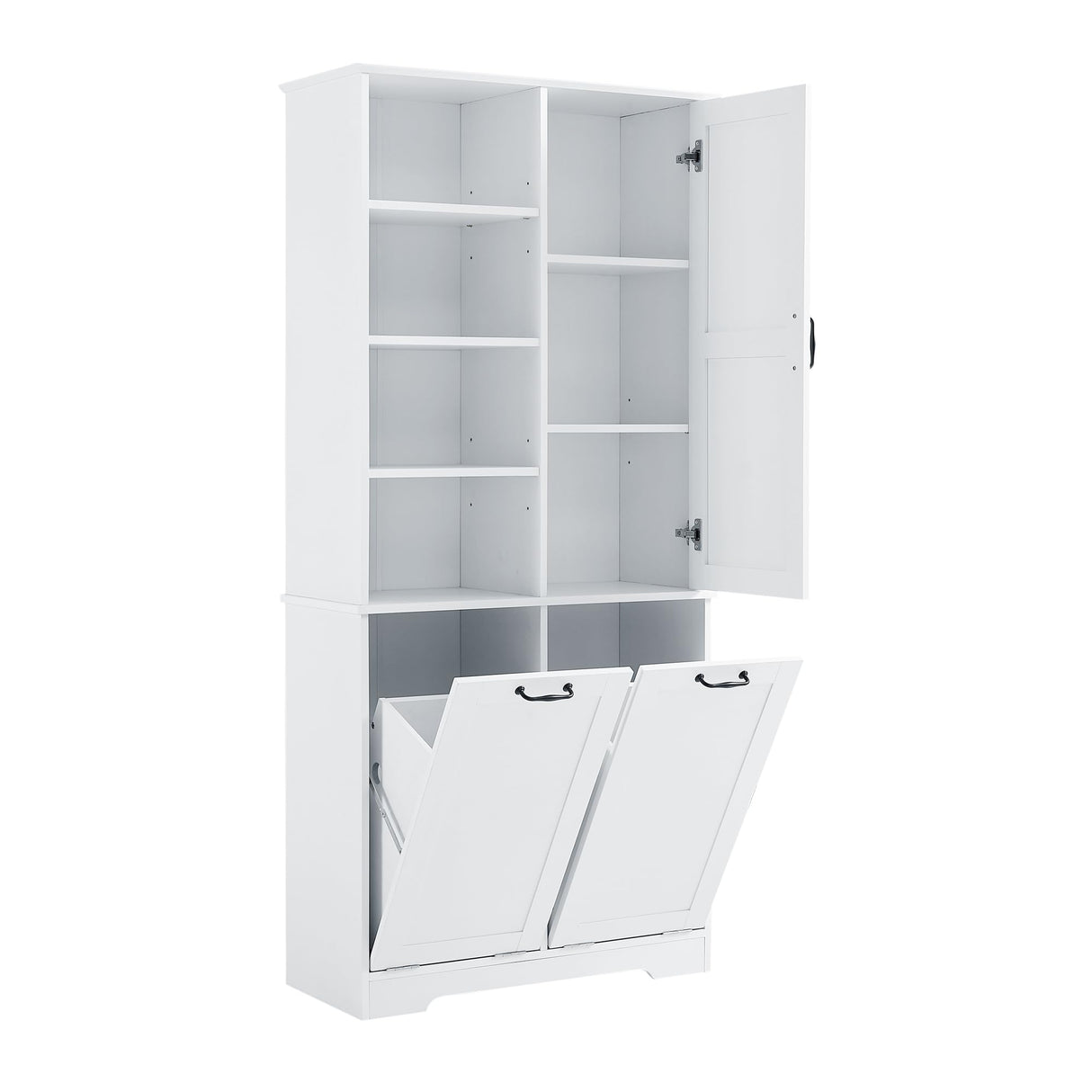 SOFTSEA 68" Double Tilt Out Laundry Hamper, Tall Bathroom Storage Cabinet with Hidden Laundry Basket & Adjustable Shelf, Freestanding Bathroom Cabinet with Doors and Open Shelves, White SOFTSEA