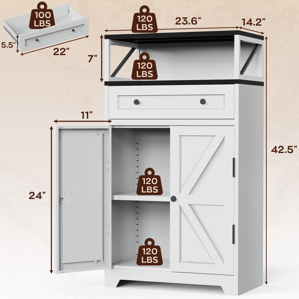 Eltean 42.5" H White Metal Farmhouse Storage Cabinet with Magnetic Doors and Drawer,Sideboard with Adjustable Shelf,Large Capacity Kitchen Pantry Cabinet for Entryway/Living Room/Dining Room Eltean