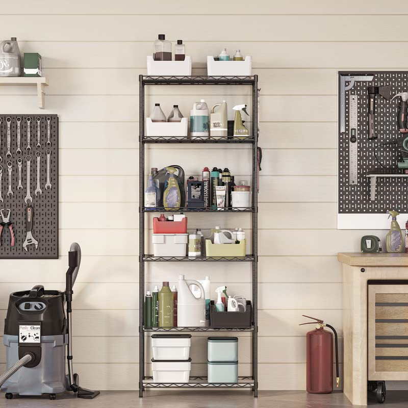 SONGMICS 6-Tier Storage Shelves, Wire Shelving Unit, Kitchen Metal Shelves, Storage Rack with Adjustable Shelves, Shelf Liners, 8 Hooks, for Garage, 11.4 x 23.2 x 63 Inches, Black ULGR066B01 SONGMICS