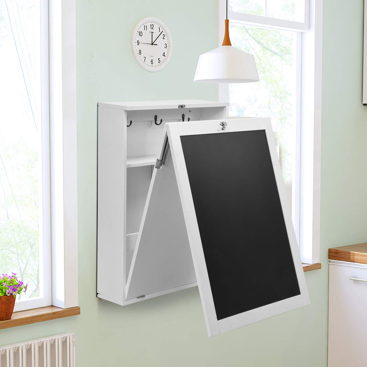 IFANNY Folding Wall Desk, Wall Mounted Fold Out Desk with Storage Shelves & Hooks, Hideaway Desk Wall Mount with Chalkboard, Floating Corner Desk for Small Spaces (White) IFANNY