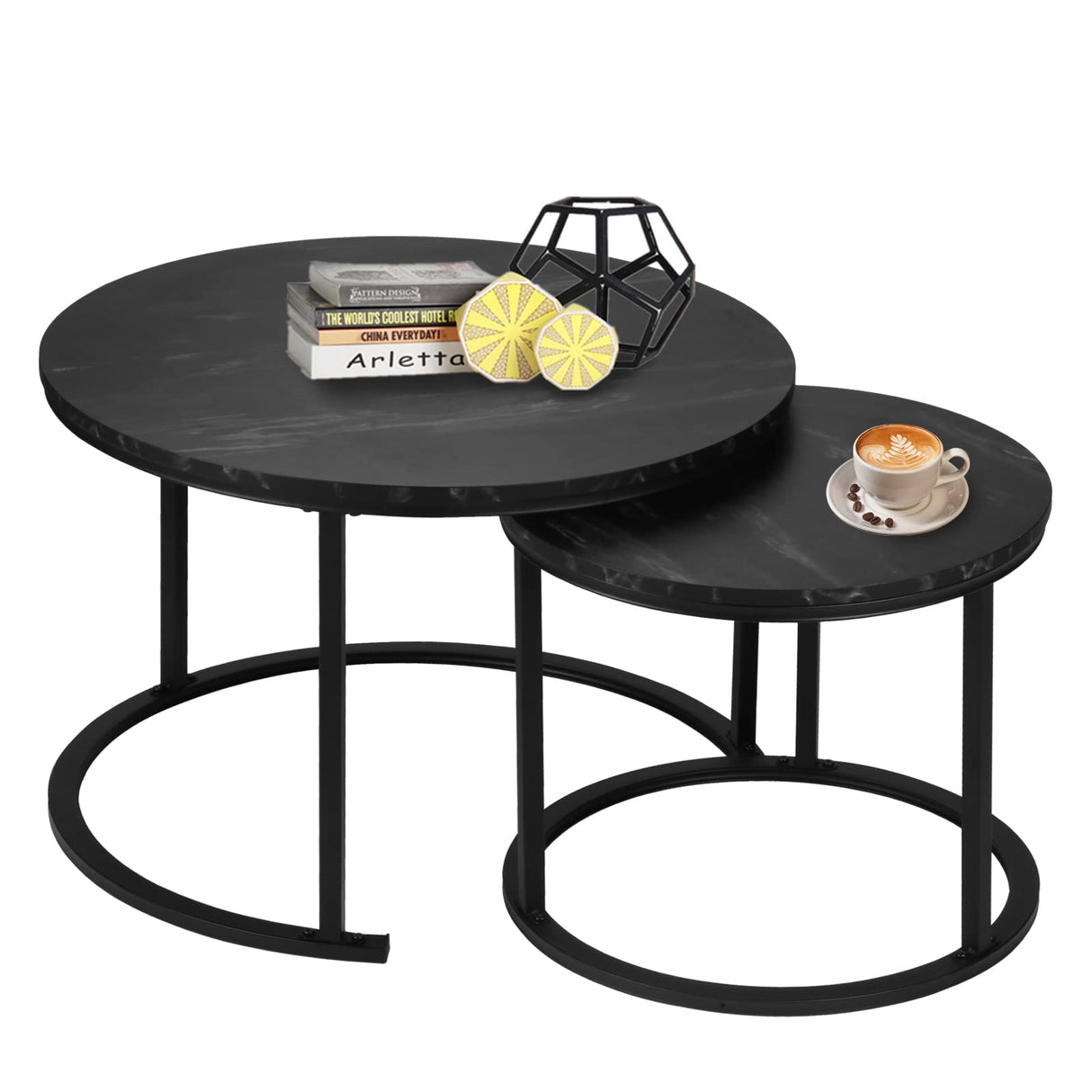Round Nesting Coffee Set, Stackable Modern Accent Cocktail Table for Living Room Office Balcony,Nesting Tables 2 Piece with Solid Metal Frame and Easy Assembly (Black) EUROSAKURA