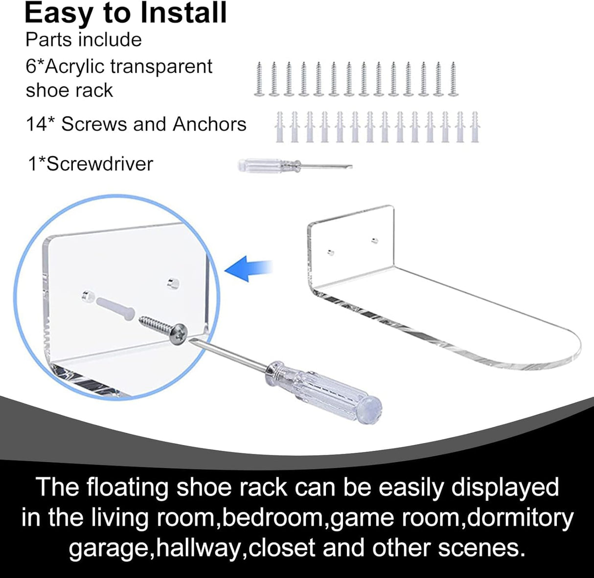 Alitamei Acrylic Floating Shoe Rack (Set of 6) Wall Mount Display Shoe Rack Transparent Storage Rack for Home Use Sneaker Display Rack with Screws and Anchors Alitamei
