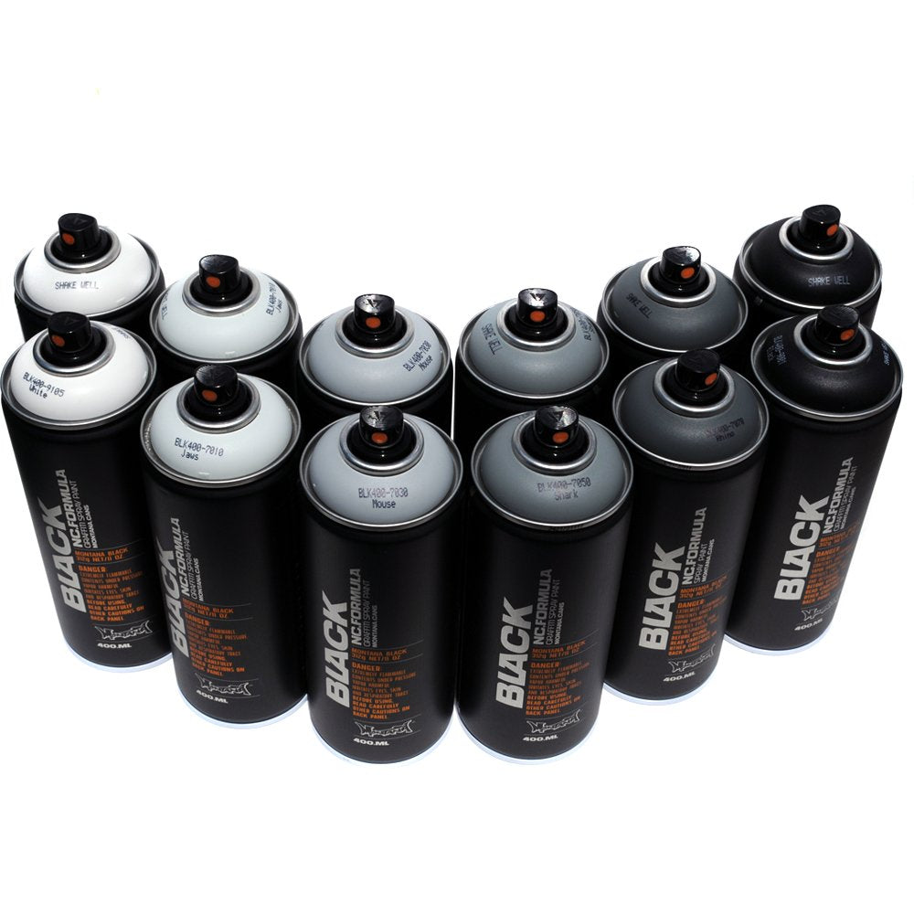 Montana BLACK 400ml Set of 12 Graffiti Street Art Mural Spray Paint (Grey Scale) Montana Black