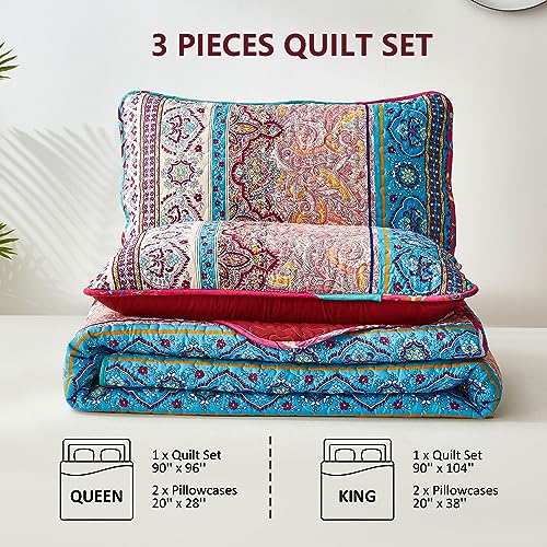 WONGS BEDDING Boho Quilt Set King Size, Bohemian Red Christmas Stripe 3 Pieces Bedspread Set Lightweight Microfiber All Season Christmas Bedding Coverlet Set for King Bed (104"x90") WONGS BEDDING