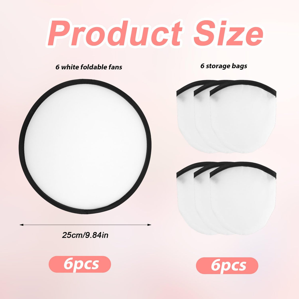 6 pcs Foldable Frisbee Fan with Storage Bag, White Sublimation Fan Blank Polyester Black Edge Round Folding Flying Disc Handheld Hand Fan Set for Wedding Party Gift Outdoor Beach Event Christmas NQEUEPN