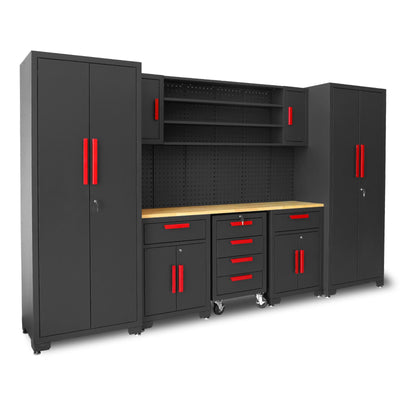 Torin Garage Storage Cabinets System, 8-Pcs Workshop Cabinet Set in Black, Included Steel Cabinets Drawers Rolling Chest and Pegboard,Locked Garage Storage Cabinet