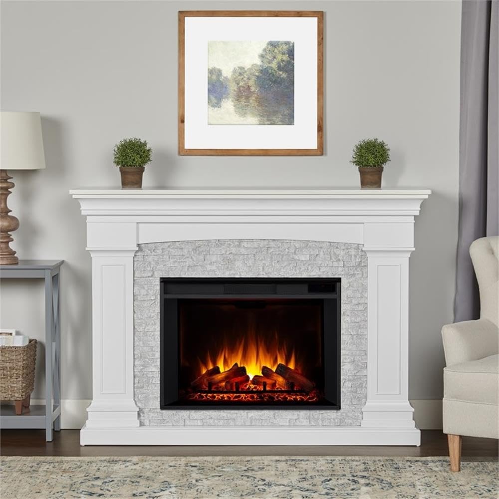Real Flame Deland Grand Electric Indoor Fireplace with Remote Control, Realistic Infrared Fireplace with Heater, White Real Flame