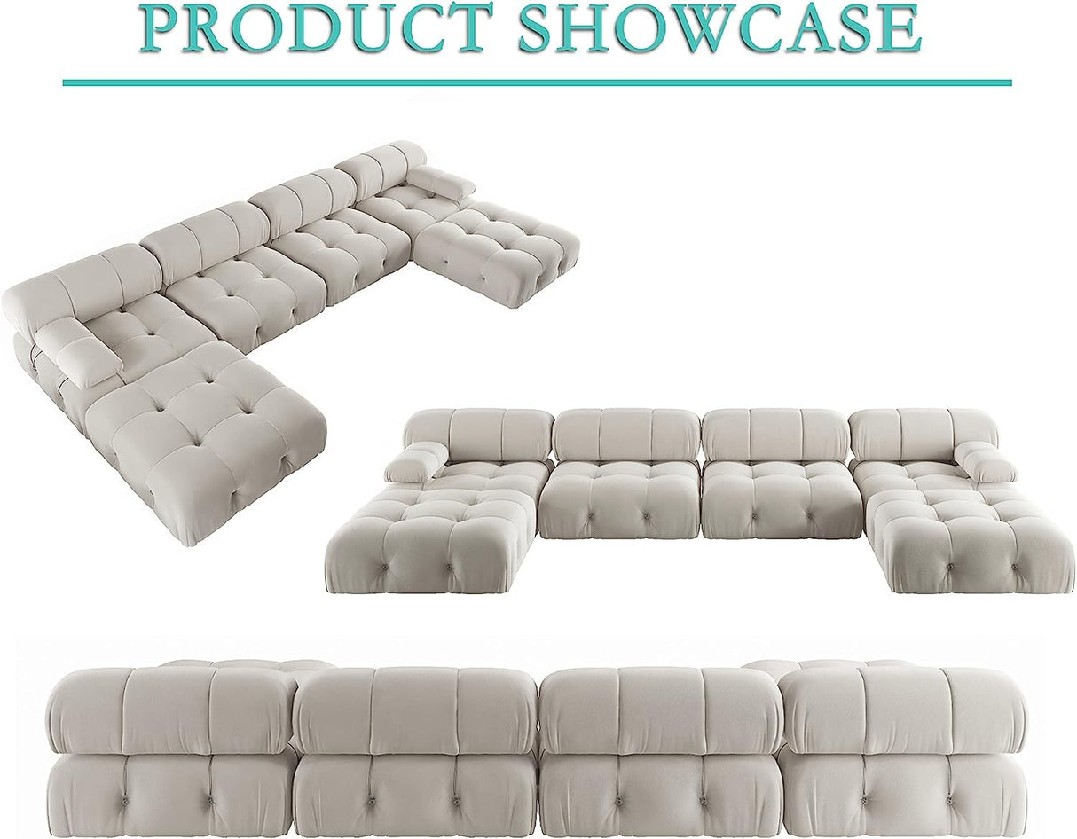 JACH 138" Modular Sectional Couch, U-Shaped Minimalist Velvet Sofas with Chaise Ottomans, Convertible Modern Deep 6-Seat Sofas Furniture for Living Room, Apartment (Beige) JACH