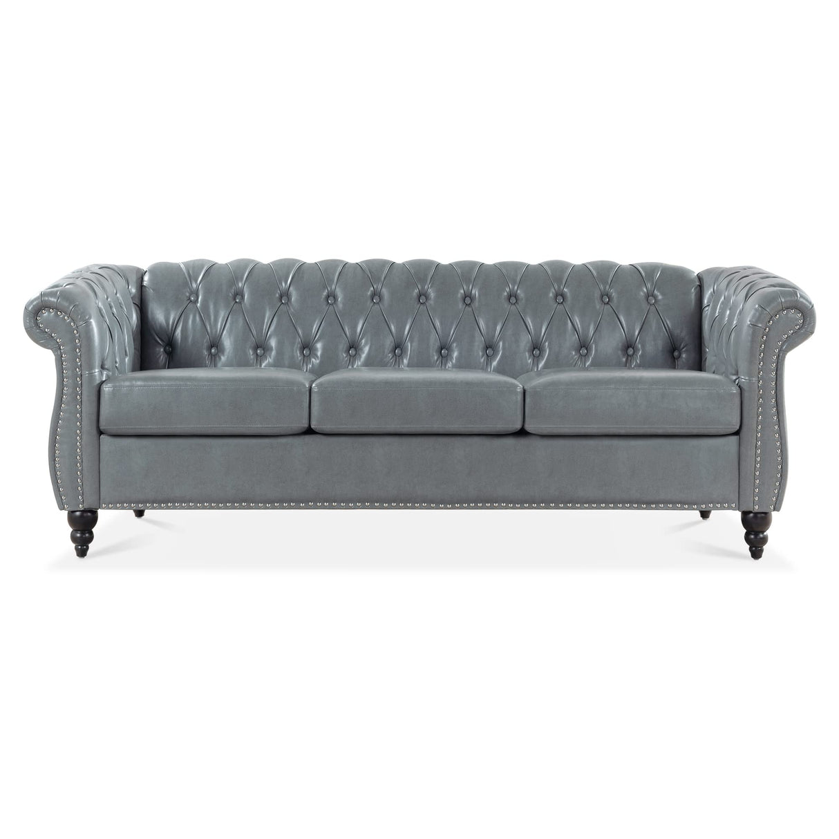 Ball & Cast 84" Chesterfield Leather Sofa with Channel Tufted Seat Back,Classic 3 Seater Couch w/Roll Arm Nailhead Trim and Upholstered,Mid Century Furniture for Living Room,Bedroom,Office,Grey PU Ball & Cast